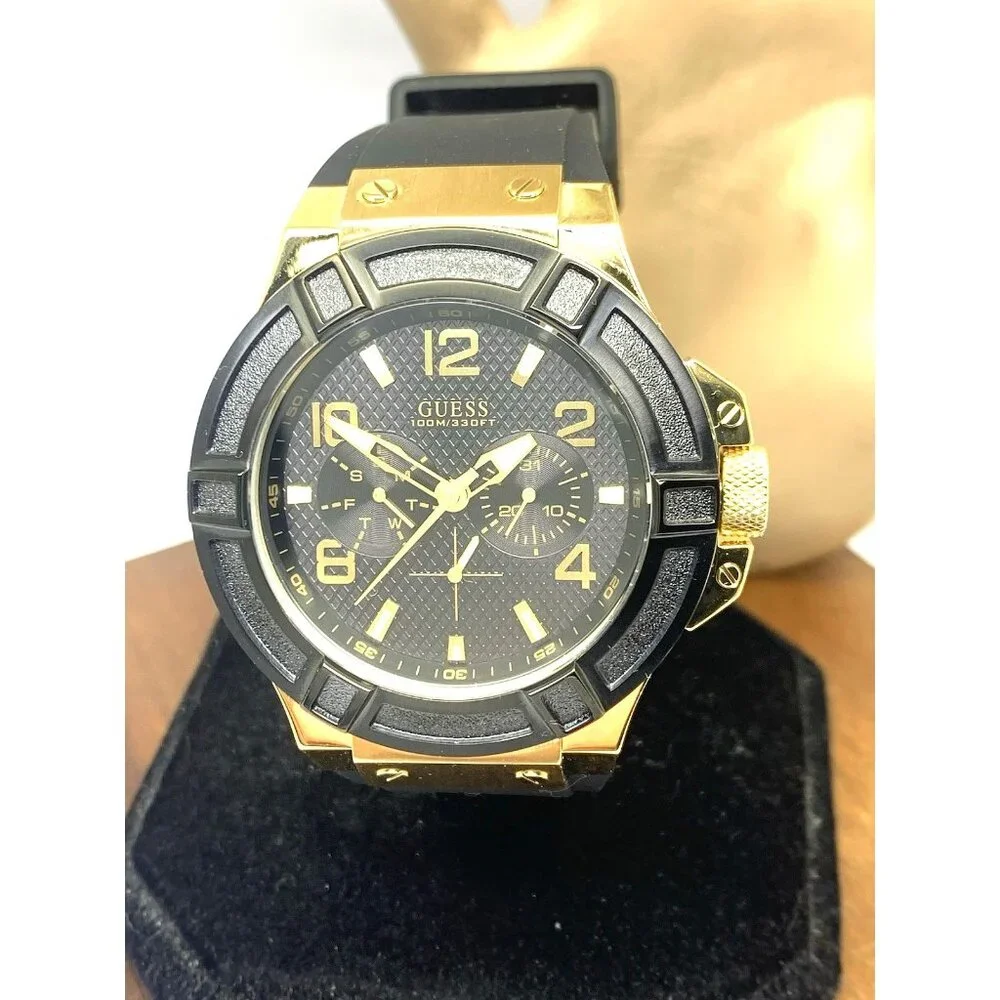 Guess Men's Watch U0247G6 Quartz Black Dial Gold Steel Rubber Strap 45mm
